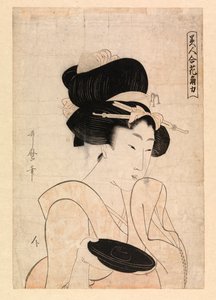 Kurtizána drží pohár saké, kolem 1790-1806 (barevný dřevoryt) od Kitagawa Utamaro