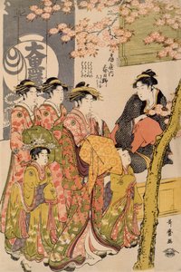 Kurtizány procházely se pod třešňovými stromy před Daikem, kolem roku 1789 (dřevotisk oban tate-e, barva na papíře) (detail 203664) od Kitagawa Utamaro