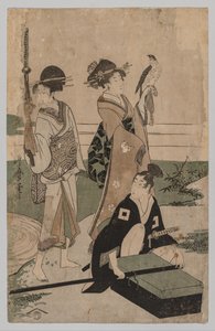 Daimio a jeho družina překračující potok v rovině poblíž Fuji, 1753-1806. od Kitagawa Utamaro