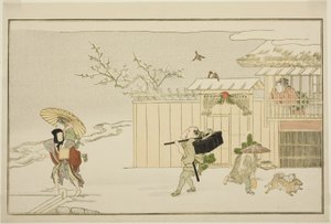 Rozdávání novoročních dárků ve sněhu z ilustrované antologie kyoky „Mladý Bůh Ebisu (Waka Ebisu)“ od Kitagawa Utamaro