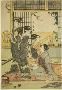Drums and Shamisen (barevný dřevořez, aiban) od Kitagawa Utamaro