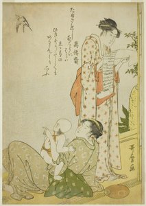 Ensaki no Yusuzumi: Žánrové Senes s básněmi Kyoka, ve formátu Aiban Carri Aiban Fuzokuzu) od Kitagawa Utamaro