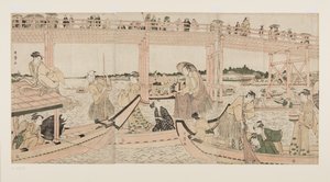 Rybářské lodě se sítěmi pod mostem Rygoku (barevný dřevořez) od Kitagawa Utamaro