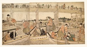 Rybářské lodě se sítěmi pod mostem Ryōgoku od Kitagawa Utamaro