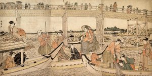 Rybářské lodě se sítěmi pod mostem Rjogoku, 90. léta 18. století. od Kitagawa Utamaro
