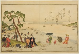 Shromažďování mušlí při odlivu, z ilustrované knihy „Dárky z odlivu (Shiohi no tsuto)“ od Kitagawa Utamaro