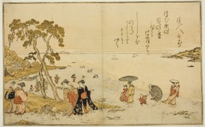 Shromažďování mušlí při odlivu, z ilustrované knihy „Dárky z odlivu (Shiohi no tsuto)“ od Kitagawa Utamaro