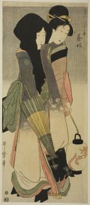 Gejša (Geigi), ze série Tři zábavy současných krás, cca 1800 (barevný dřevořez; naga-oban) od Kitagawa Utamaro
