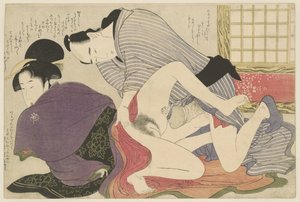 Gejša a milenec u volně stojícího skládacího plátna Negai no itoguchi (název série) od Kitagawa Utamaro