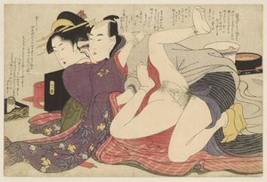 Gejša v kimonu s dlouhým rukávem a její milenec Negai no itoguchi (název série) od Kitagawa Utamaro