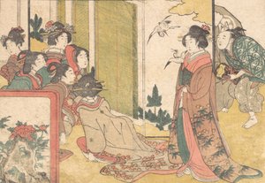 Girls Entertained by Performers, z ilustrované knihy Flowers of the Four Seasons, 1801. od Kitagawa Utamaro