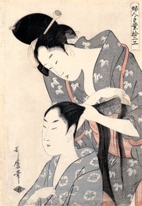 Kadeřník (Kamiyui) ze série „Dvanáct typů ženských ručních prací (Fujin tewaza juniko)“ od Kitagawa Utamaro