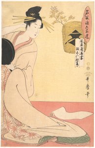 „Hanazuma z Hyōgoya, Kenbishi ze Sakagami“ ze série „Protějšky saké přirovnané k vybraným obyvatelům šesti domů“ (Natori zake rokkasen: Hyōgoya Hanazuma, Sakagami no Kenbishi) od Kitagawa Utamaro