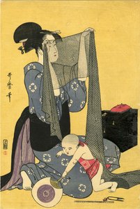 Vyšívání Hari-shigoto. Triptych, levá část, 1795. od Kitagawa Utamaro