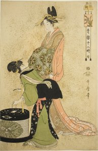Hour of the Cock (Tori no koku), ze série „Dvanáct hodin v Yoshiwara (Seiro juni toki tsuzuki)“ od Kitagawa Utamaro
