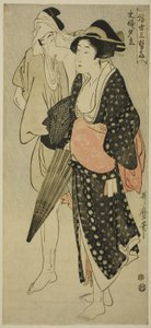 Manžel a manželka přistiženi ve večerní sprše (Fufu no Yudachi), ze série „Tři večerní radosti plovoucího světa“ („Ukiyo San Seki“) od Kitagawa Utamaro