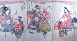 Kintaro, Urašimataro a Momotaro, z triptychu "Soubor tří pohárů na saké pro první měsíc (Tarozuki mitsugumi sakazuki)". od Kitagawa Utamaro