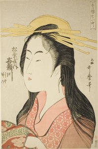 Kisegawa z Matsubaya, [jehož průvodci jsou] Sasano, Takeno (Matsubaya uchi Kisegawa, Sasano, Takeno), ze série „Seven Komachi of Yoshiwara“ („Seiro nana Komachi“) od Kitagawa Utamaro