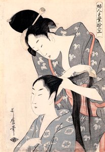 ""La Coiffeuse"" (kadeřník) (Kamiyui) Gravure de Kitagawa Utamaro (1753-1806) - c 1798 - Barevný dřevoryt - 38x27,6 - Galerie umění Jižní Austrálie od Kitagawa Utamaro