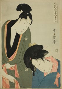 Milenci se ráno rozcházejí, ze série "Elegantní borovice pětijehličková (Furyu goyo no matsu)" od Kitagawa Utamaro