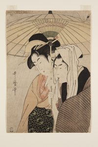 Muž a žena pod deštníkem (barevný dřevořez) od Kitagawa Utamaro