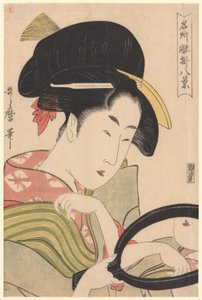 Zrcadlo ze série „Osm pohledů na čajové stánky na slavných místech“ („Meisho koshikake hakkei“) od Kitagawa Utamaro