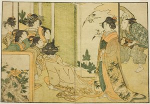 Novoroční představení Manzai v sídle feudálního pána z ilustrované knihy "Picture Book: Květiny čtyř ročních období (Ehon shiki no hana)", svazek 1. od Kitagawa Utamaro