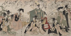 Parodie na Joritoma vypouštějícího jeřáby (Mitate Yoritomo hōkaku) od Kitagawa Utamaro