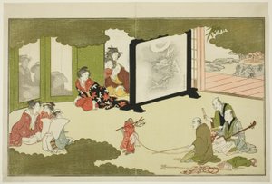 Představení cvičené opice z ilustrované básnické antologie s názvem „Mladý bůh Ebisu (Waka Ebisu)“ od Kitagawa Utamaro