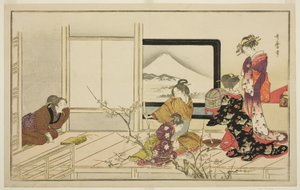 Příprava jídla pro slavíka, z ilustrované antologie kjóky "Mužský dupací tanec (Otoko toka)". od Kitagawa Utamaro