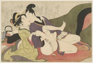 Prostitutka líbající mladý muž Negai no itoguchi (název série) od Kitagawa Utamaro