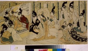 Shizuka Gozen tančí během obřadu pro svatyni Tsurugaoka Wakamiya. Shizuka Gozen (12. století), tanečnice a milenka Minamoto no Yoshitsune (1159-1189). Dílo Kitagawa Utamaro (1754-1806), lept, cca 1796. Japonské umění od Kitagawa Utamaro