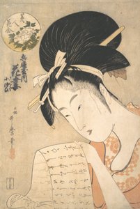 Kurtizána Hanazuma čte dopis,..., 90. léta 18. století. od Kitagawa Utamaro