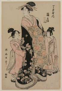Kurtizána Hinazuru z Chojiya se svými pomocníky Tsuruji a Tsuruno, c. 1794. od Kitagawa Utamaro