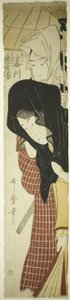 Kurtizána Umegawa a Chubei z kurýrní služby (Umegawa, Chubei), kolem 1797 (barevný dřevořez, hashira-e) od Kitagawa Utamaro