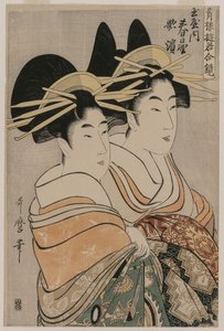 Kurtizány Kasugano a Utahama z Tamaya ze série Kurtizány z Pleasure Quarters in Double Mirrors od Kitagawa Utamaro
