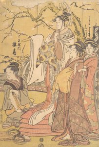 Oiran Hinazuru z Chojiya stojící na hromadě futonu, ca. 1794. od Kitagawa Utamaro