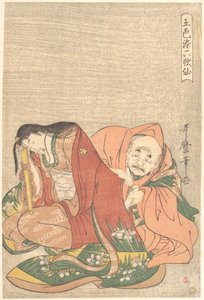 „Básník Sōjō Henjō (816-890) vsouvá dopis do rukávu ženy“, ze série Pět barev lásky pro šest nesmrtelných básníků (Goshiki-zome rokkasen) od Kitagawa Utamaro