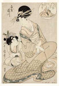 Kurtizána Takigawa a její sluha z Ogiya v narážce na básníka, 1800-02 (woodblock) od Kitagawa Utamaro