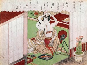 Toaleta s elegantním japonským tiskem Utamaro Kitagawa (1753-1806). Slunce. 0,38 x 0,25 m. 1794-1795. Paříž, Guimetovo muzeum, Národní muzeum asijského umění od Kitagawa Utamaro
