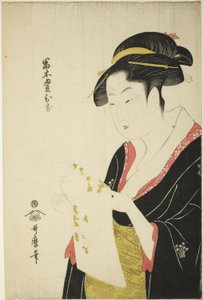 Tomimoto Toyohina, asi 1793 (barevný dřevoryt; oban) od Kitagawa Utamaro