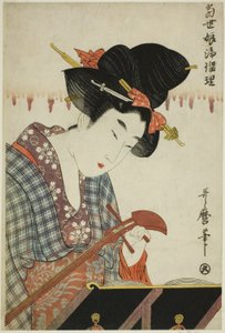 Tsur Ning Ashamisen (Shamisen no Nejime), z Teserie "Chanching to Shamisen od Yomeno Today" od Kitagawa Utamaro