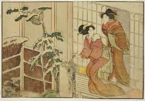 Dvě ženy na verandě za zasněženého rána, z ilustrované knihy "Obrázková kniha: Květiny čtyř ročních období (Ehon shiki no hana)", sv. 2 od Kitagawa Utamaro