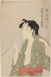 Žena vydechující kouř z dýmky, ze série „Deset tříd ženské fyziognomie (Fujo ninso juppon)“ od Kitagawa Utamaro