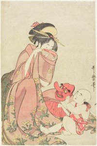 Žena hrající si s dítětem s maskou tengu od Kitagawa Utamaro