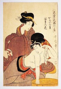 Žena se umývala, cca 1803, ilustrace Kitagawa Utamaro (1753-1806) z Hana Awase Kesho Kurabe, dřevoryt Aiban-tate-e, japonská civilizace, období Edo od Kitagawa Utamaro