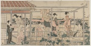 Ženy zavěšené prádlo k sušení na balkóně, počátek 90. let 18. století. od Kitagawa Utamaro