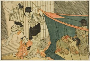 Ženy uvnitř moskytiéry během bouřky z ilustrované knihy "Obrázková kniha: Květiny čtyř ročních období (Ehon shiki no hana)", sv. 1 od Kitagawa Utamaro