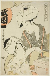 Ženy připravují tvaroh Gion Bean, ze série „Dvanáct druhů ženských ručních prací (Fujin tewaza juni-ko)“ od Kitagawa Utamaro