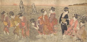 Ženy uctívající vycházející slunce mezi Twin Rocks v Ise, konec 18.-začátek 19. století. od Kitagawa Utamaro